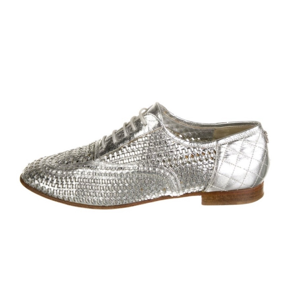 CHANEL Silver Woven Leather Oxford Shoes
